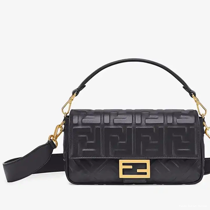 Affordable Fendi Nappa In Black Bag FF Medium Baguette Leather Motif 0520